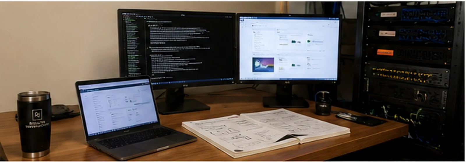 A real Results Innovations workstation with monitors, code, dashboards, notes, and connected equipment